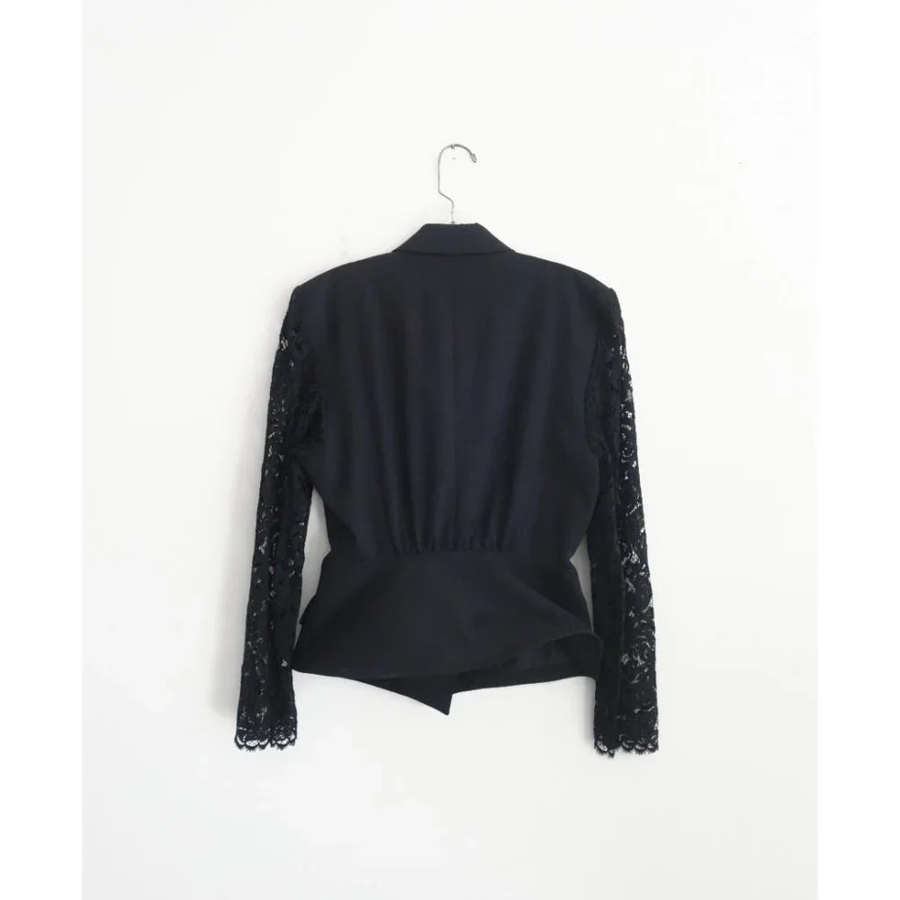 Vintage 80s Lolita Lempicka Black Wool Lace Skirt Suit FR 40 US 6 8 - Picture 3 of 10